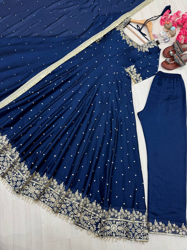 Navy Blue Party Wear Pur Vichitra Silk Anarkali Gown with Dupatta Set