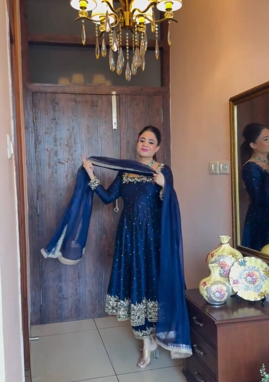 Navy Blue Party Wear Pur Vichitra Silk Anarkali Gown with Dupatta Set