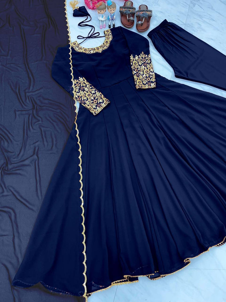 Navy Blue Premium Designer Party Wear Anarkali Gown, Dupatta & Bottom Set Clothsvilla