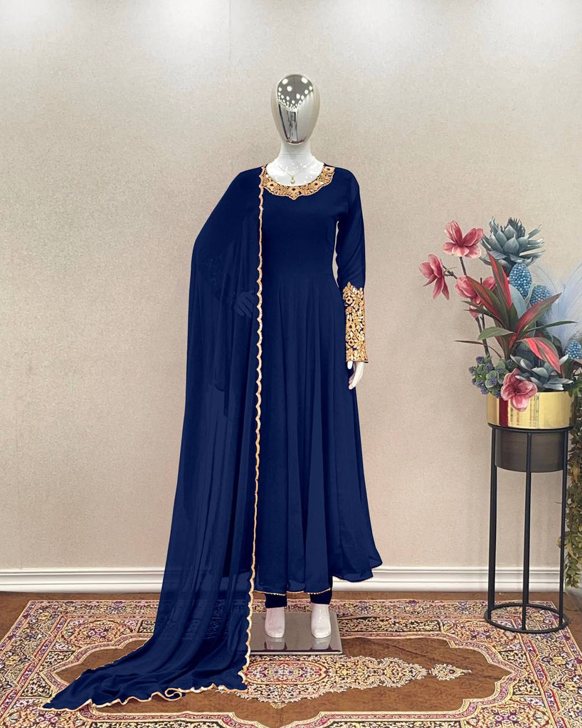 Navy Blue Premium Designer Party Wear Anarkali Gown, Dupatta & Bottom Set Clothsvilla