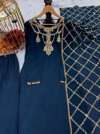 Navy Blue Premium Designer Readymade Top, Bottom & Dupatta Set – Elegant Party Wear Collection Clothsvilla