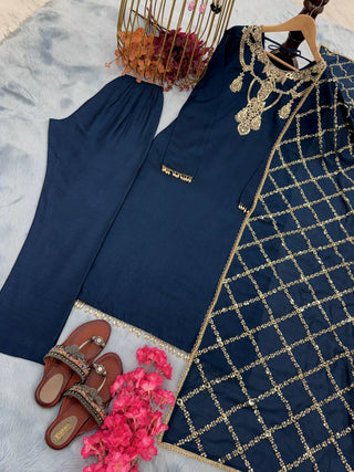 Navy Blue Premium Designer Readymade Top, Bottom & Dupatta Set – Elegant Party Wear Collection Clothsvilla