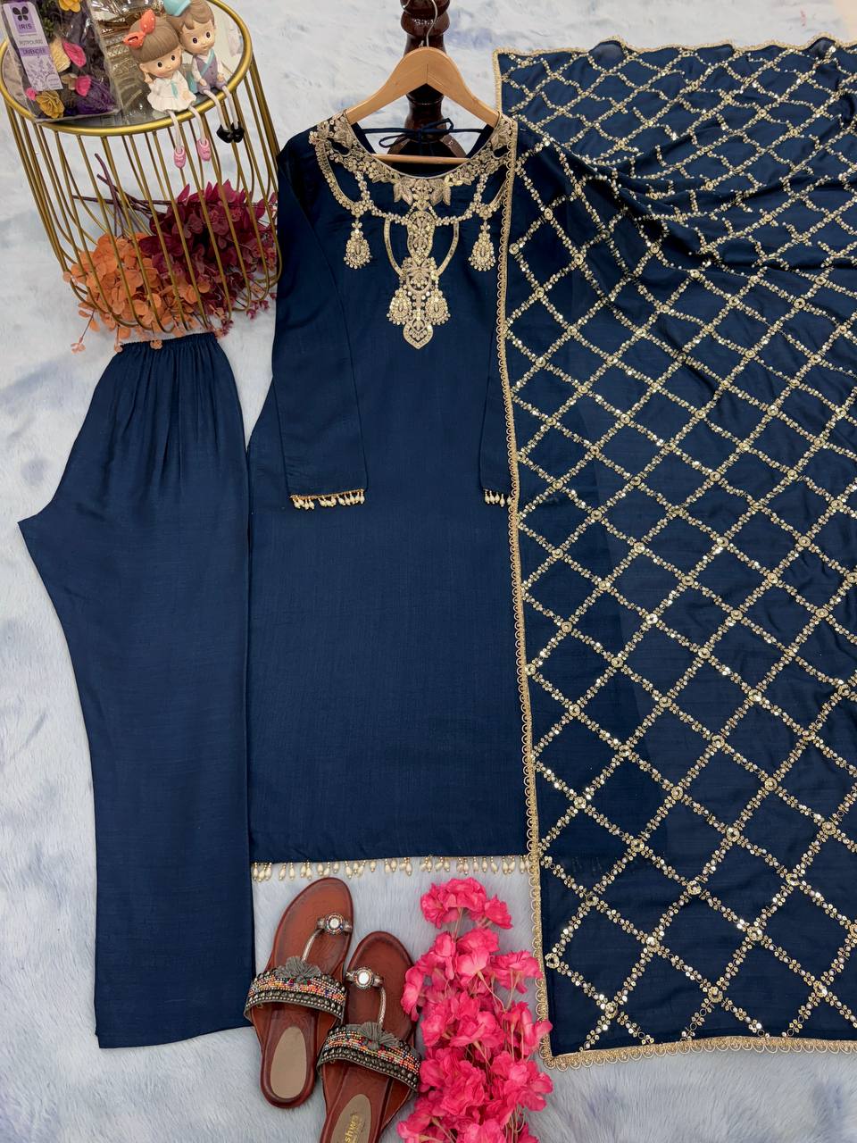 Navy Blue Premium Designer Readymade Top, Bottom & Dupatta Set – Elegant Party Wear Collection Clothsvilla