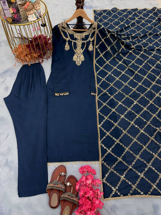 Navy Blue Premium Designer Readymade Top, Bottom & Dupatta Set – Elegant Party Wear Collection Clothsvilla