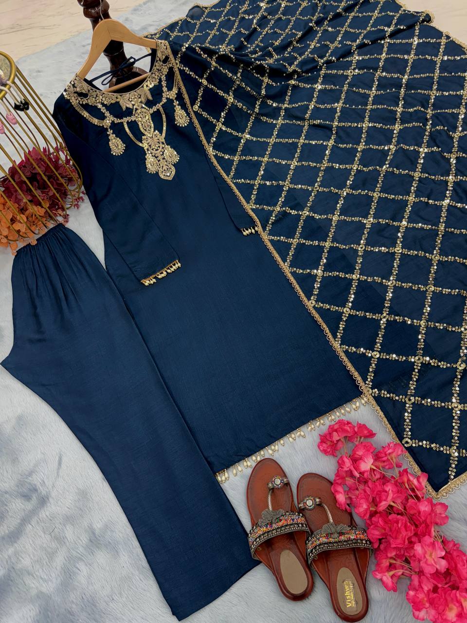Navy Blue Premium Designer Readymade Top, Bottom & Dupatta Set – Elegant Party Wear Collection Clothsvilla