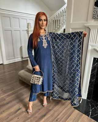 Navy Blue Premium Designer Readymade Top, Bottom & Dupatta Set – Elegant Party Wear Collection Clothsvilla