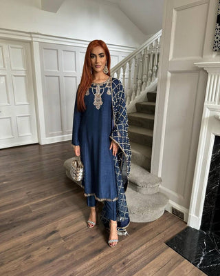 Navy Blue Premium Designer Readymade Top, Bottom & Dupatta Set – Elegant Party Wear Collection Clothsvilla