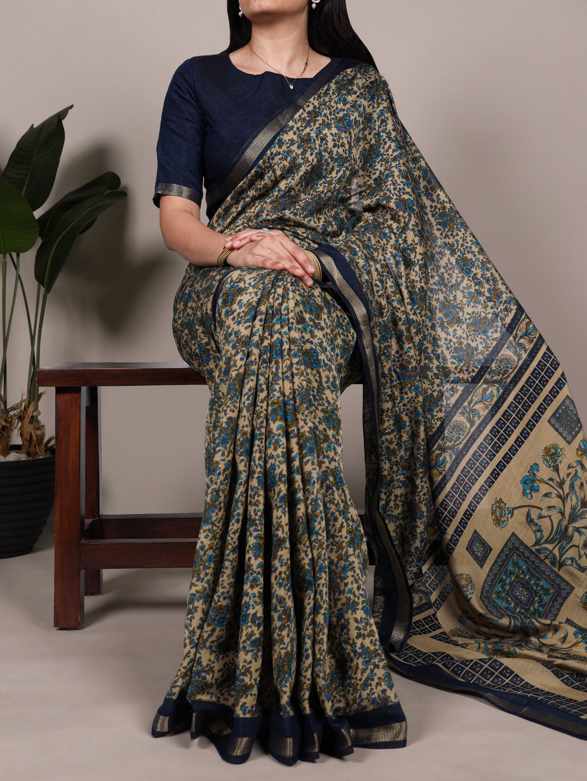 Navy Blue Printed Chanderi Polyester Viscose Saree with Zari Weaving Work & Unstitched Blouse — Festive & Traditional Party Wear Saree for Women ClothsVilla Main image