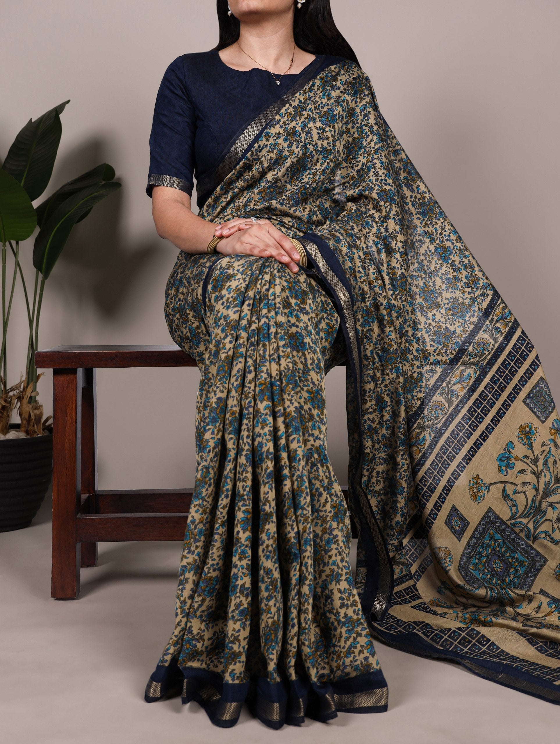 Navy Blue Printed Chanderi Polyester Viscose Saree with Zari Weaving Work & Unstitched Blouse — Festive & Traditional Party Wear Saree for Women ClothsVilla Main image
