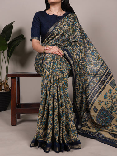 Navy Blue Printed Chanderi Polyester Viscose Saree with Zari Weaving Work & Unstitched Blouse — Festive & Traditional Party Wear Saree for Women ClothsVilla