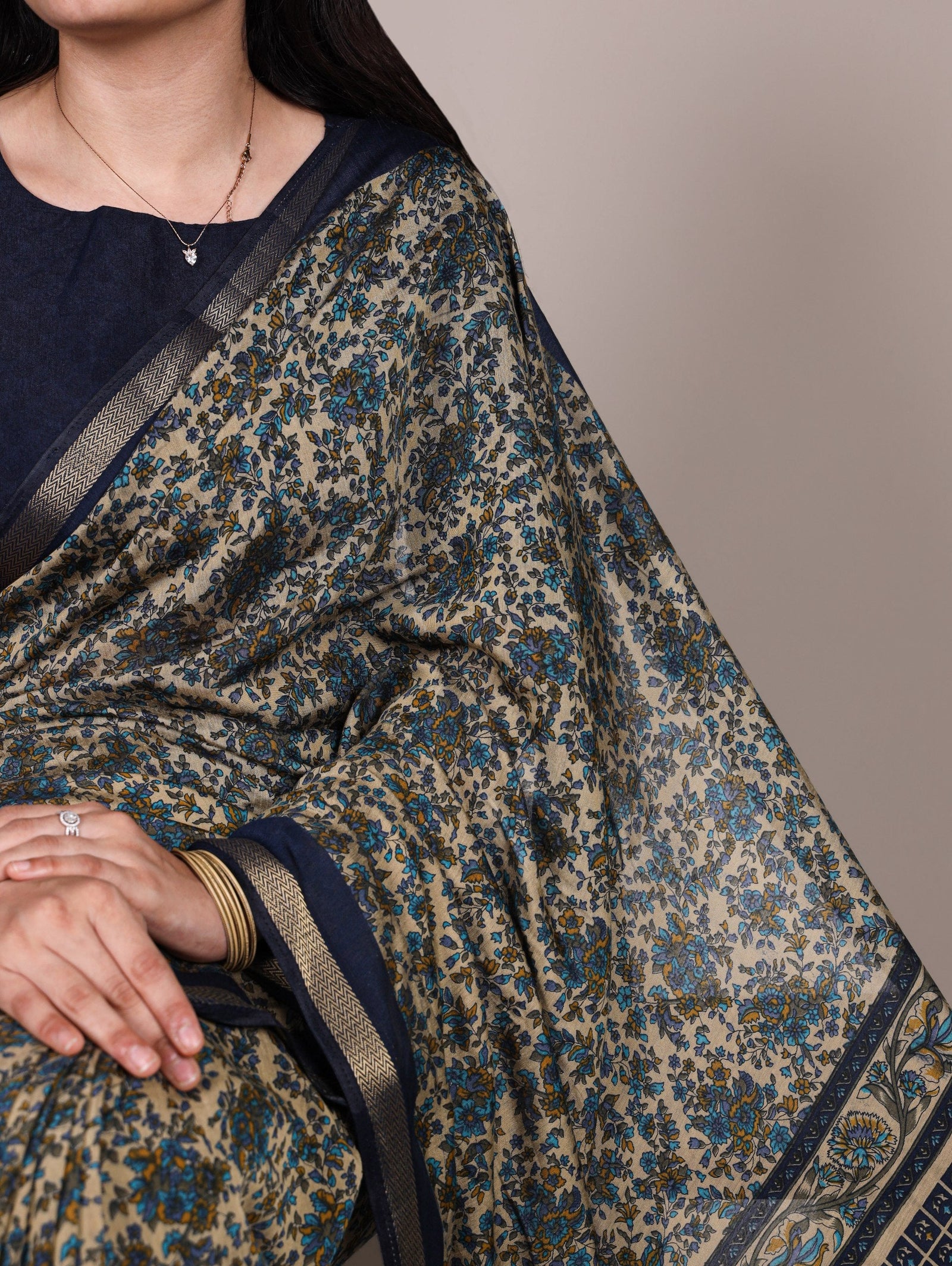 Navy Blue Printed Chanderi Polyester Viscose Saree with Zari Weaving Work & Unstitched Blouse — Festive & Traditional Party Wear Saree for Women ClothsVilla