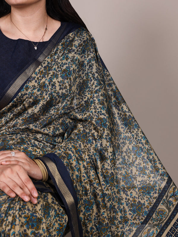 Navy Blue Printed Chanderi Polyester Viscose Saree with Zari Weaving Work & Unstitched Blouse — Festive & Traditional Party Wear Saree for Women ClothsVilla
