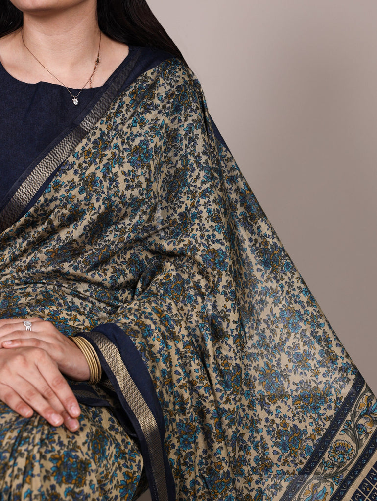 Navy Blue Printed Chanderi Polyester Viscose Saree with Zari Weaving Work & Unstitched Blouse — Festive & Traditional Party Wear Saree for Women ClothsVilla