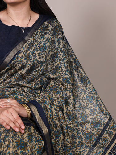 Navy Blue Printed Chanderi Polyester Viscose Saree with Zari Weaving Work & Unstitched Blouse — Festive & Traditional Party Wear Saree for Women ClothsVilla