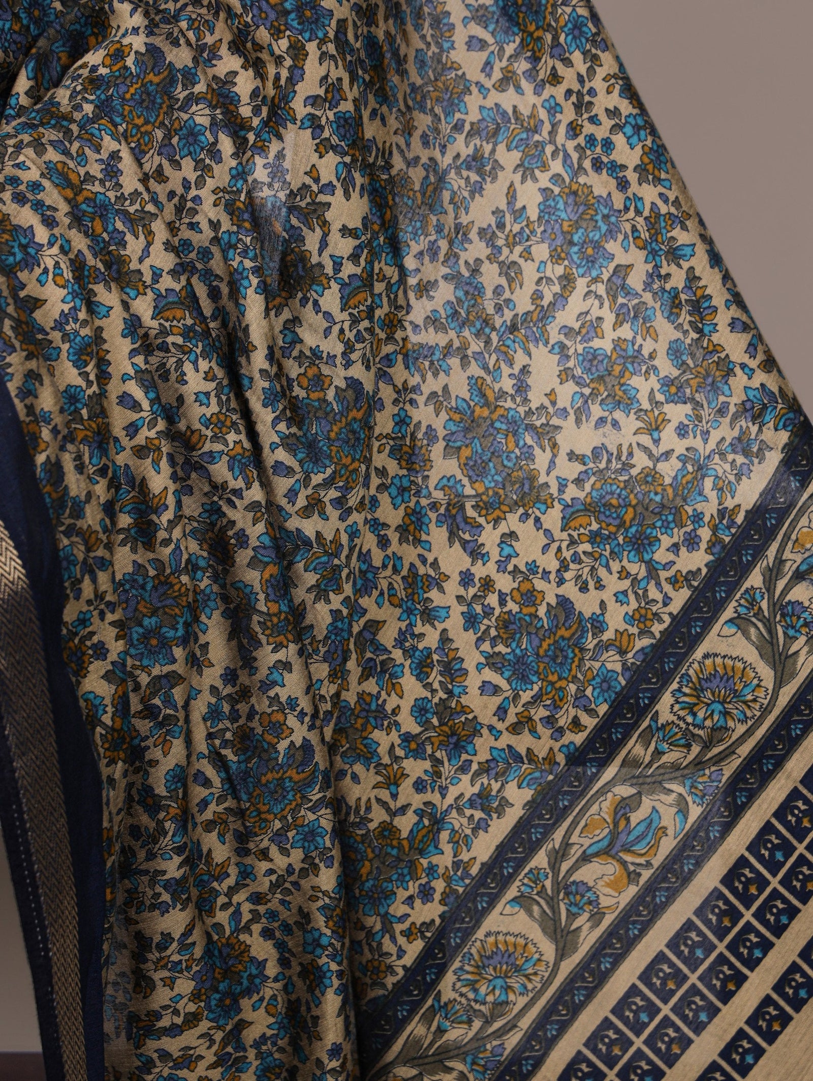 Navy Blue Printed Chanderi Polyester Viscose Saree with Zari Weaving Work & Unstitched Blouse — Festive & Traditional Party Wear Saree for Women ClothsVilla
