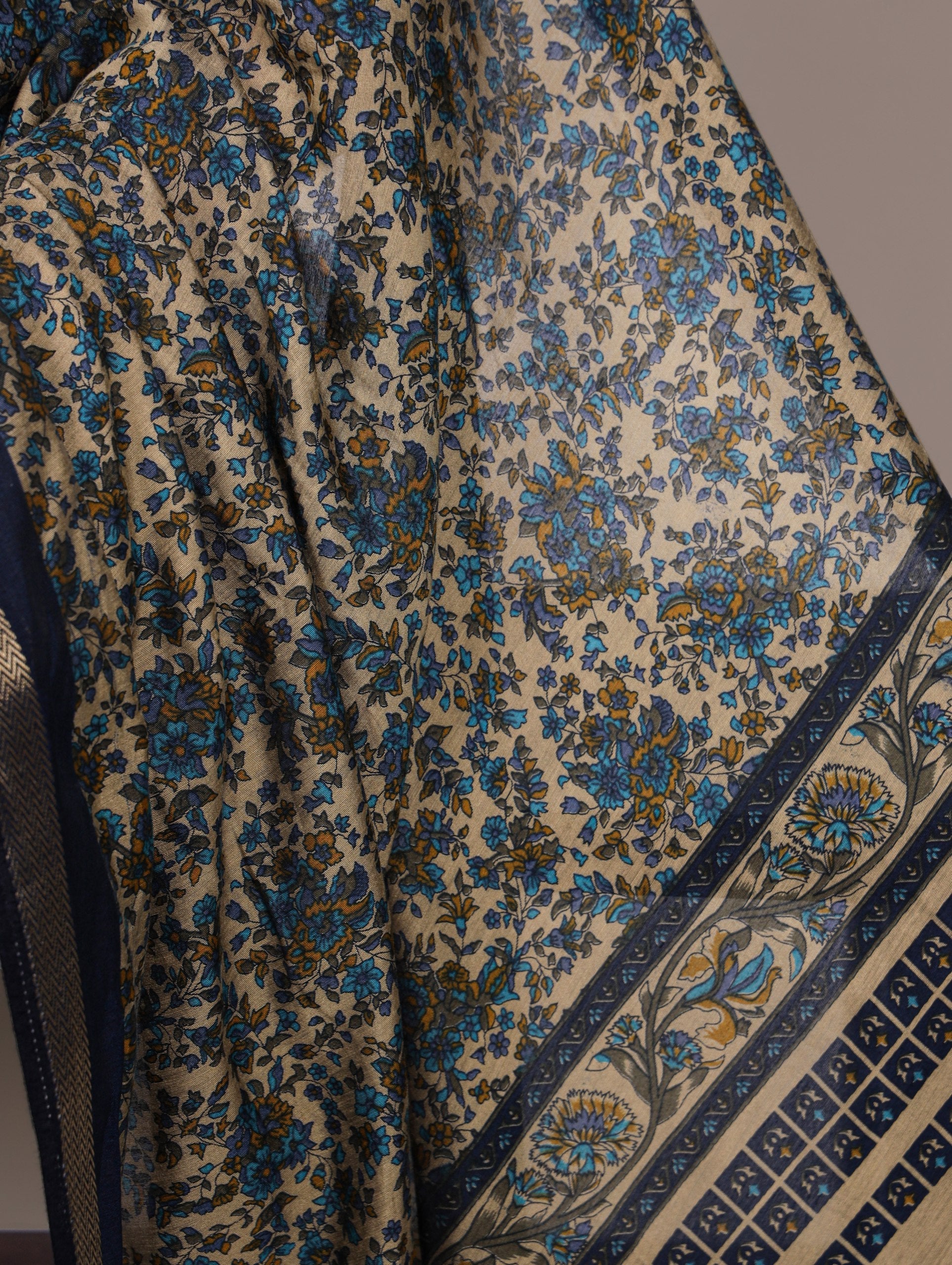 Navy Blue Printed Chanderi Polyester Viscose Saree with Zari Weaving Work & Unstitched Blouse — Festive & Traditional Party Wear Saree for Women ClothsVilla