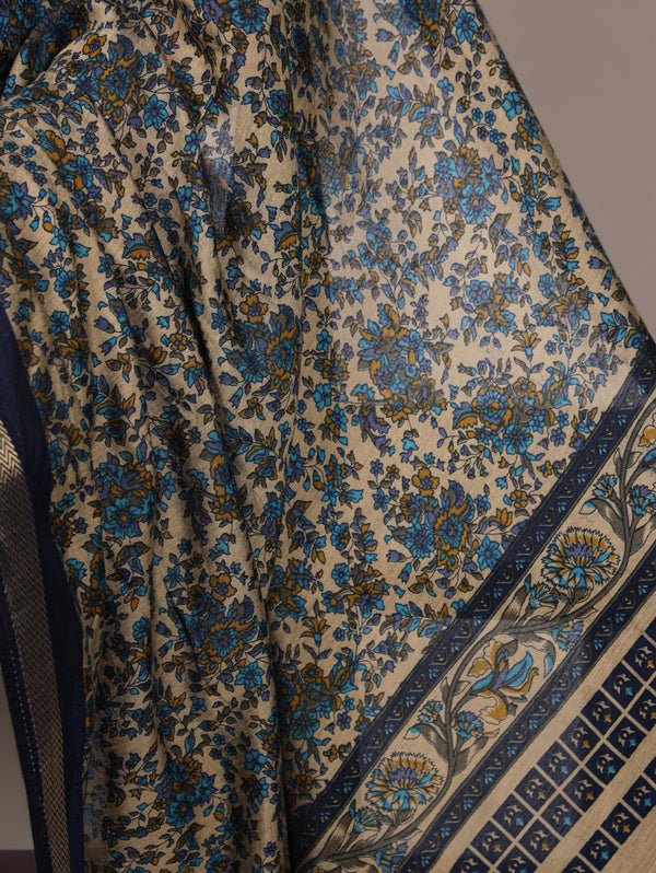 Navy Blue Printed Chanderi Polyester Viscose Saree with Zari Weaving Work & Unstitched Blouse — Festive & Traditional Party Wear Saree for Women ClothsVilla