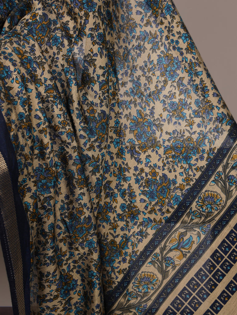 Navy Blue Printed Chanderi Polyester Viscose Saree with Zari Weaving Work & Unstitched Blouse — Festive & Traditional Party Wear Saree for Women ClothsVilla