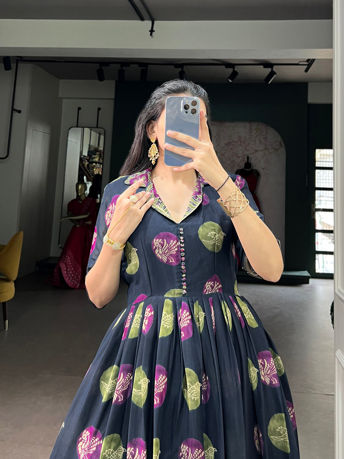 Navy Blue Printed Designer Dress ClothsVilla