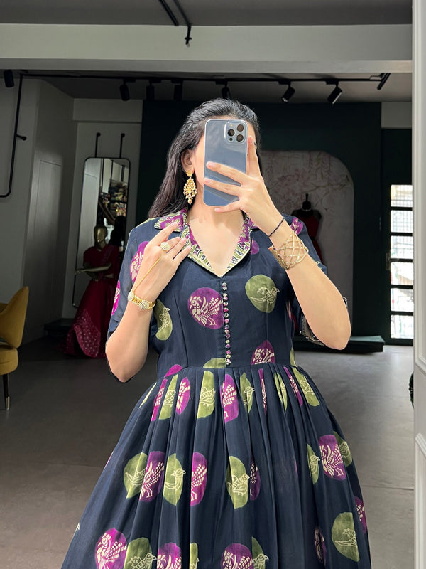 Navy Blue Printed Designer Dress ClothsVilla
