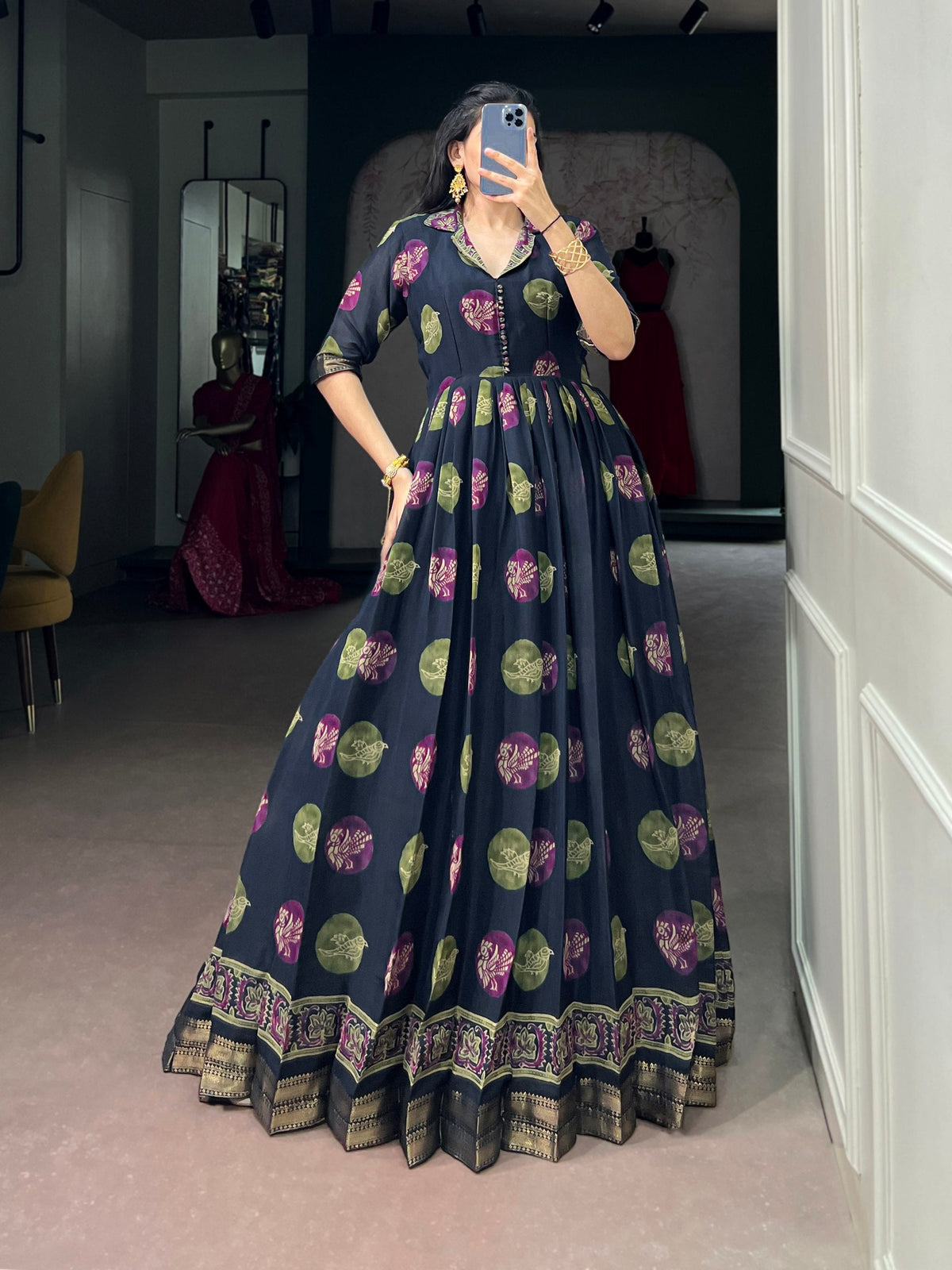 Navy Blue Printed Designer Dress ClothsVilla