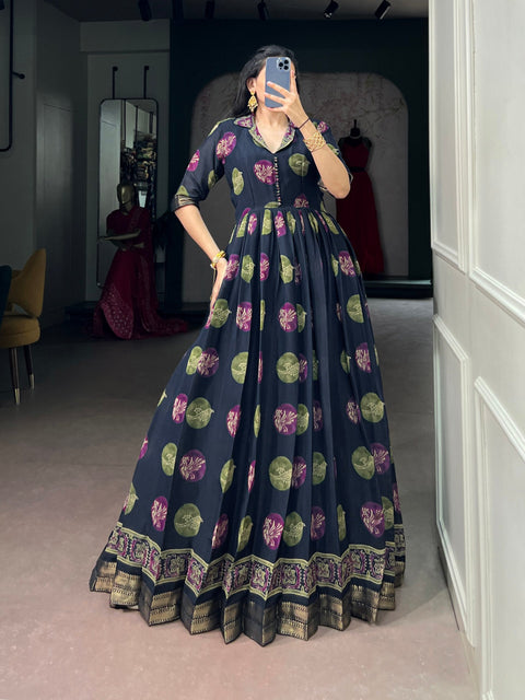 Navy Blue Printed Designer Dress ClothsVilla Main image