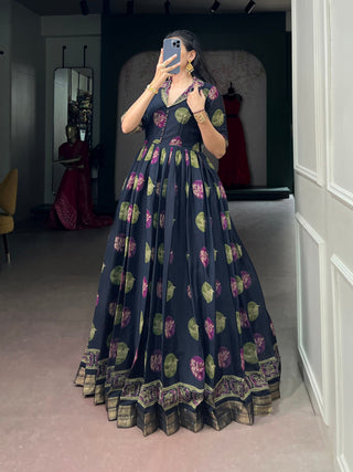 Navy Blue Printed Designer Dress ClothsVilla