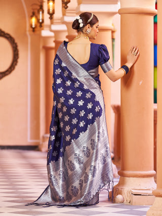 Marvelous Navy Blue Pure Banarasi Silk Saree with Magnetic Blouse Piece ClothsVilla