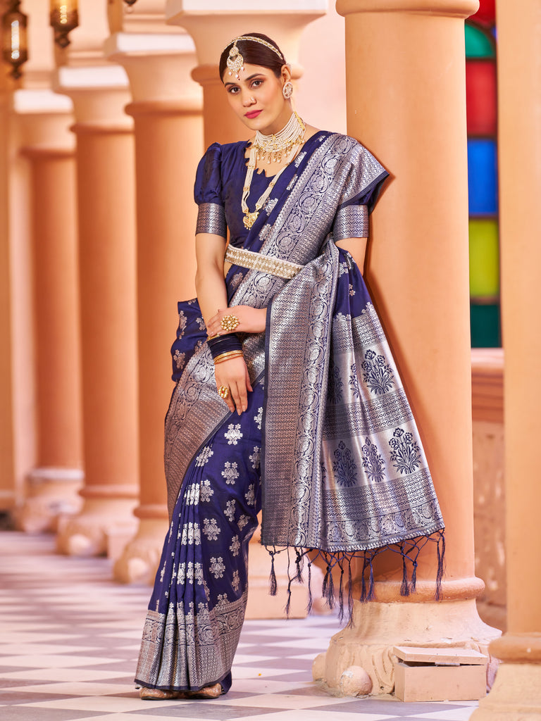 Marvelous Navy Blue Pure Banarasi Silk Saree with Magnetic Blouse Piece ClothsVilla