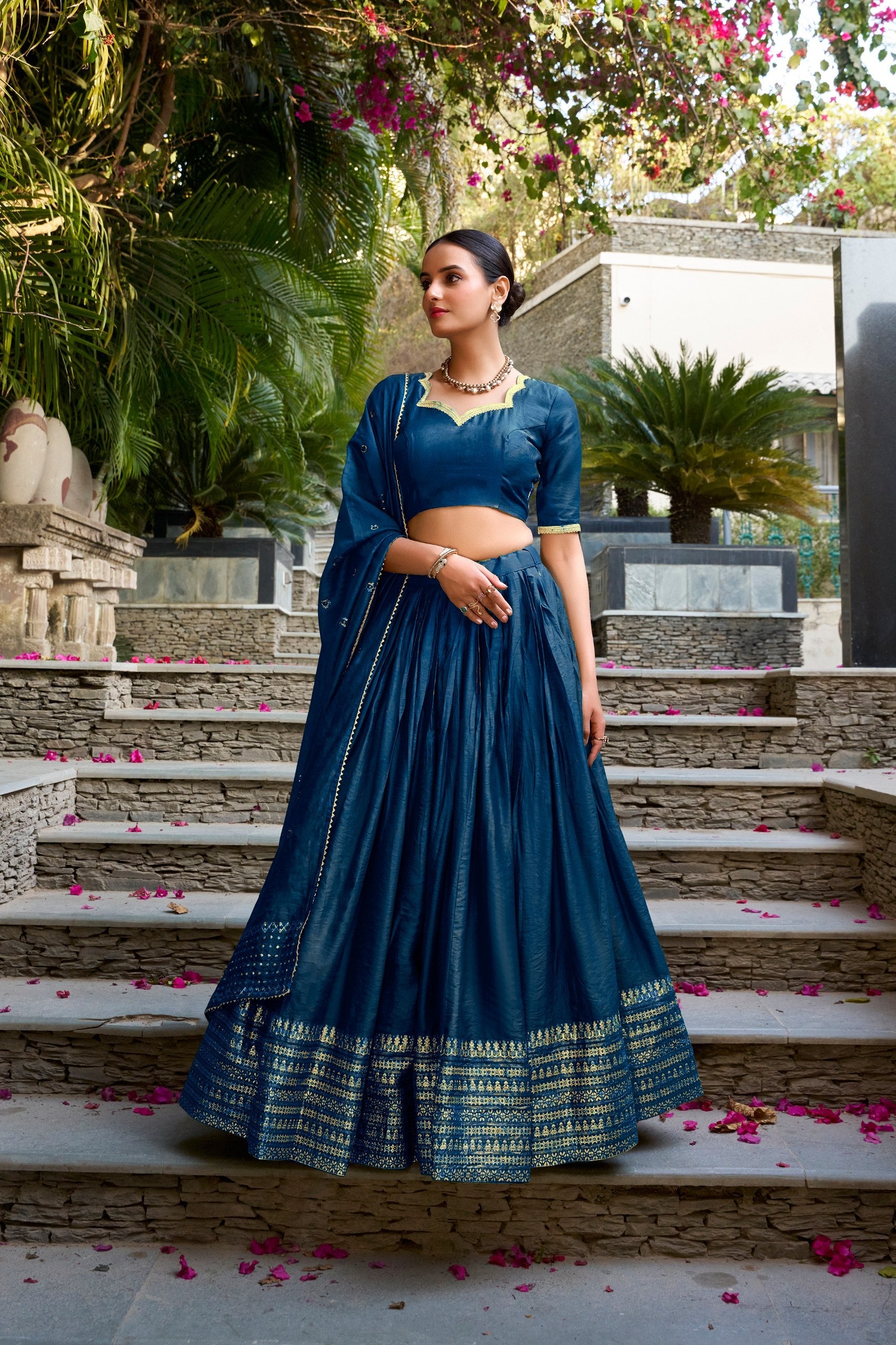 Navy Blue Pure Chanderi Zari Weaving Lehenga Choli Set with 4-Meter Flair & Sequins Embroidered Dupatta ClothsVilla Main image