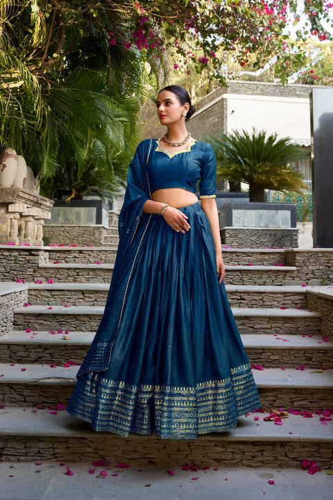 Navy Blue Pure Chanderi Zari Weaving Lehenga Choli Set with 4-Meter Flair & Sequins Embroidered Dupatta ClothsVilla Main image