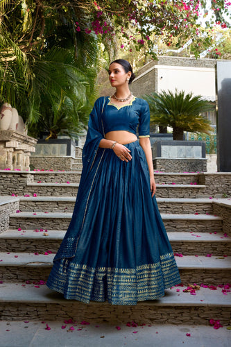 Navy Blue Pure Chanderi Zari Weaving Lehenga Choli Set with 4-Meter Flair & Sequins Embroidered Dupatta ClothsVilla