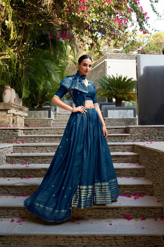 Navy Blue Pure Chanderi Zari Weaving Lehenga Choli Set with 4-Meter Flair & Sequins Embroidered Dupatta ClothsVilla