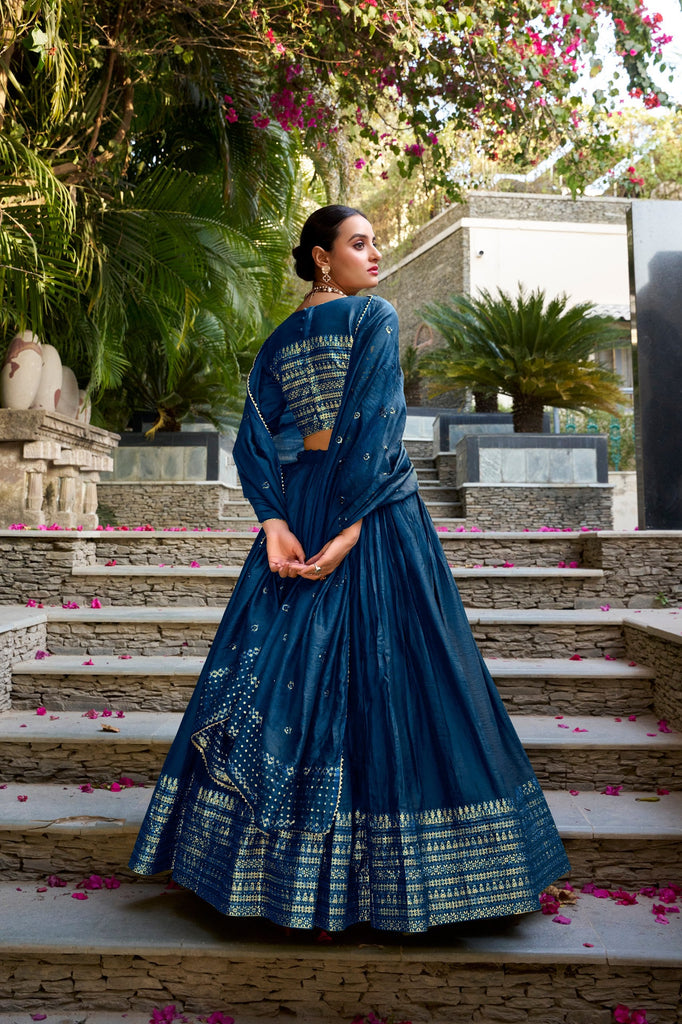 Navy Blue Pure Chanderi Zari Weaving Lehenga Choli Set with 4-Meter Flair & Sequins Embroidered Dupatta ClothsVilla