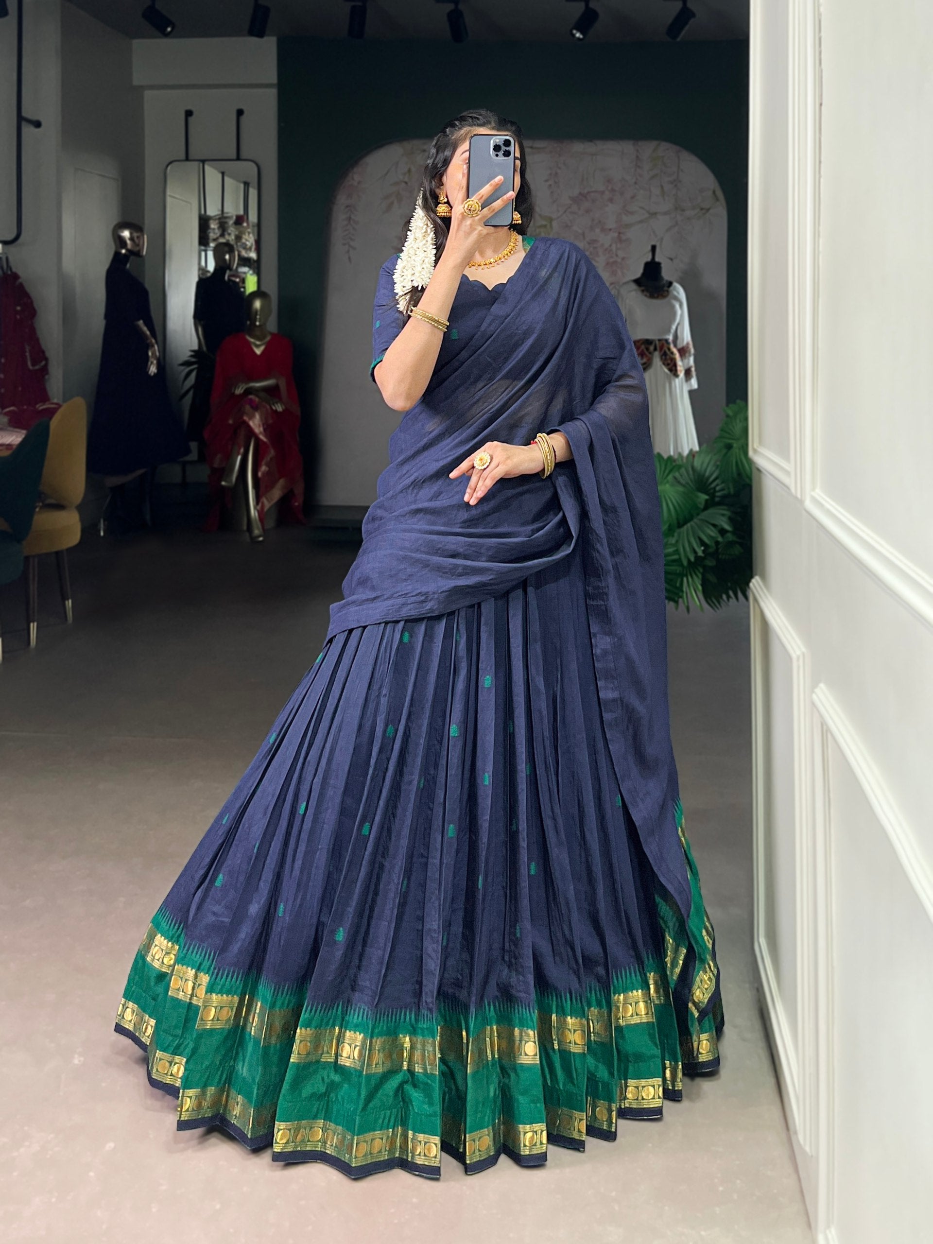 Navy Blue Pure Chanderi Zari Weaving Lehenga Choli Set with Dupatta – Stitched Lehenga, Unstitched Blouse ClothsVilla Main image