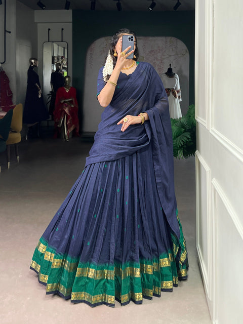 Navy Blue Pure Chanderi Zari Weaving Lehenga Choli Set with Dupatta – Stitched Lehenga, Unstitched Blouse ClothsVilla Main image