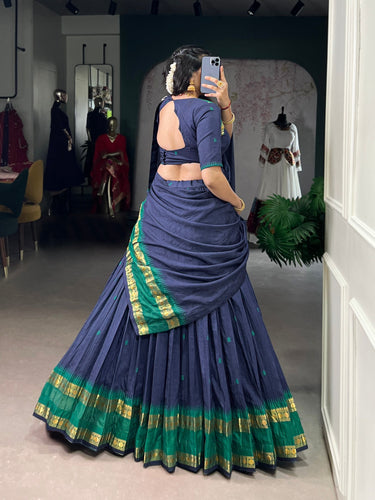 Navy Blue Pure Chanderi Zari Weaving Lehenga Choli Set with Dupatta – Stitched Lehenga, Unstitched Blouse ClothsVilla