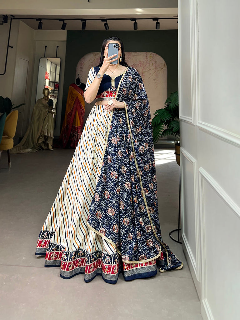 Navy Blue Pure Cotton Lehenga Choli Set with Laheriya Print ClothsVilla