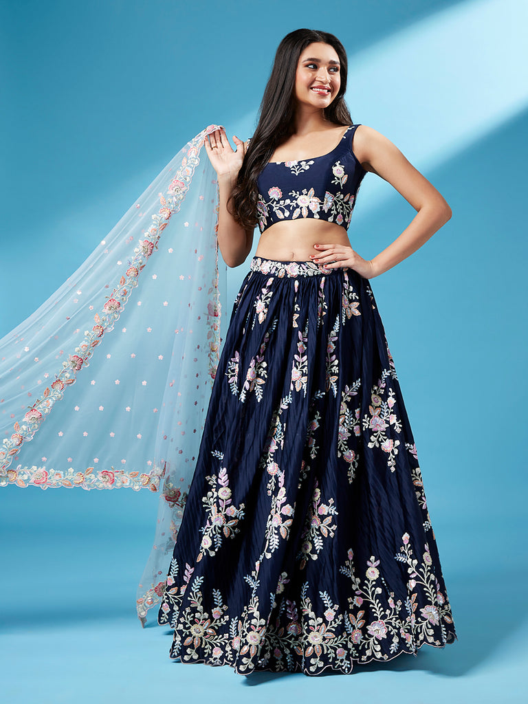 Navy Blue Pure Georgette Thread & Sequinse Work Semi-Stitched Lehenga & Unstitched Blouse, Dupatta Clothsvilla