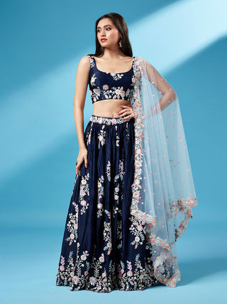 Navy Blue Pure Georgette Thread & Sequinse Work Semi-Stitched Lehenga & Unstitched Blouse, Dupatta Clothsvilla