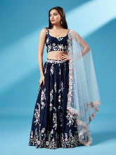 Load image into Gallery viewer, Navy Blue Pure Georgette Thread &amp; Sequinse Work Semi-Stitched Lehenga &amp; Unstitched Blouse, Dupatta Clothsvilla