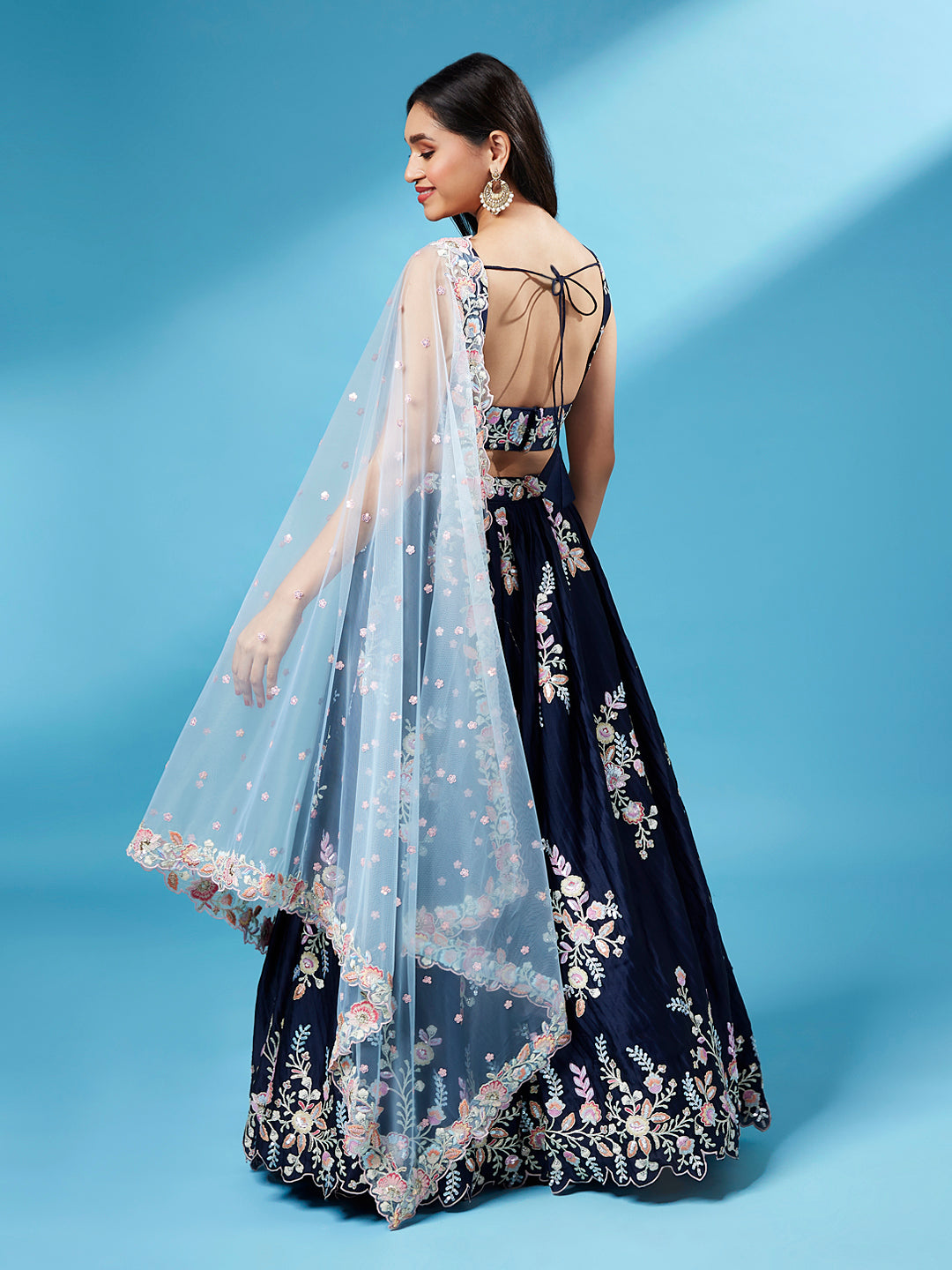 Navy Blue Pure Georgette Thread & Sequinse Work Semi-Stitched Lehenga & Unstitched Blouse, Dupatta Clothsvilla