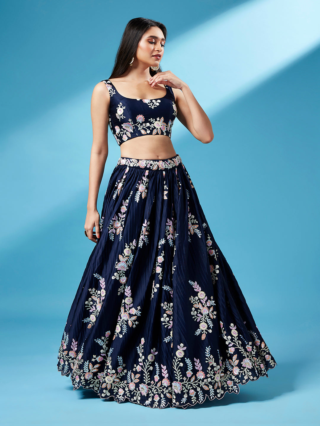 Navy Blue Pure Georgette Thread & Sequinse Work Semi-Stitched Lehenga & Unstitched Blouse, Dupatta Clothsvilla