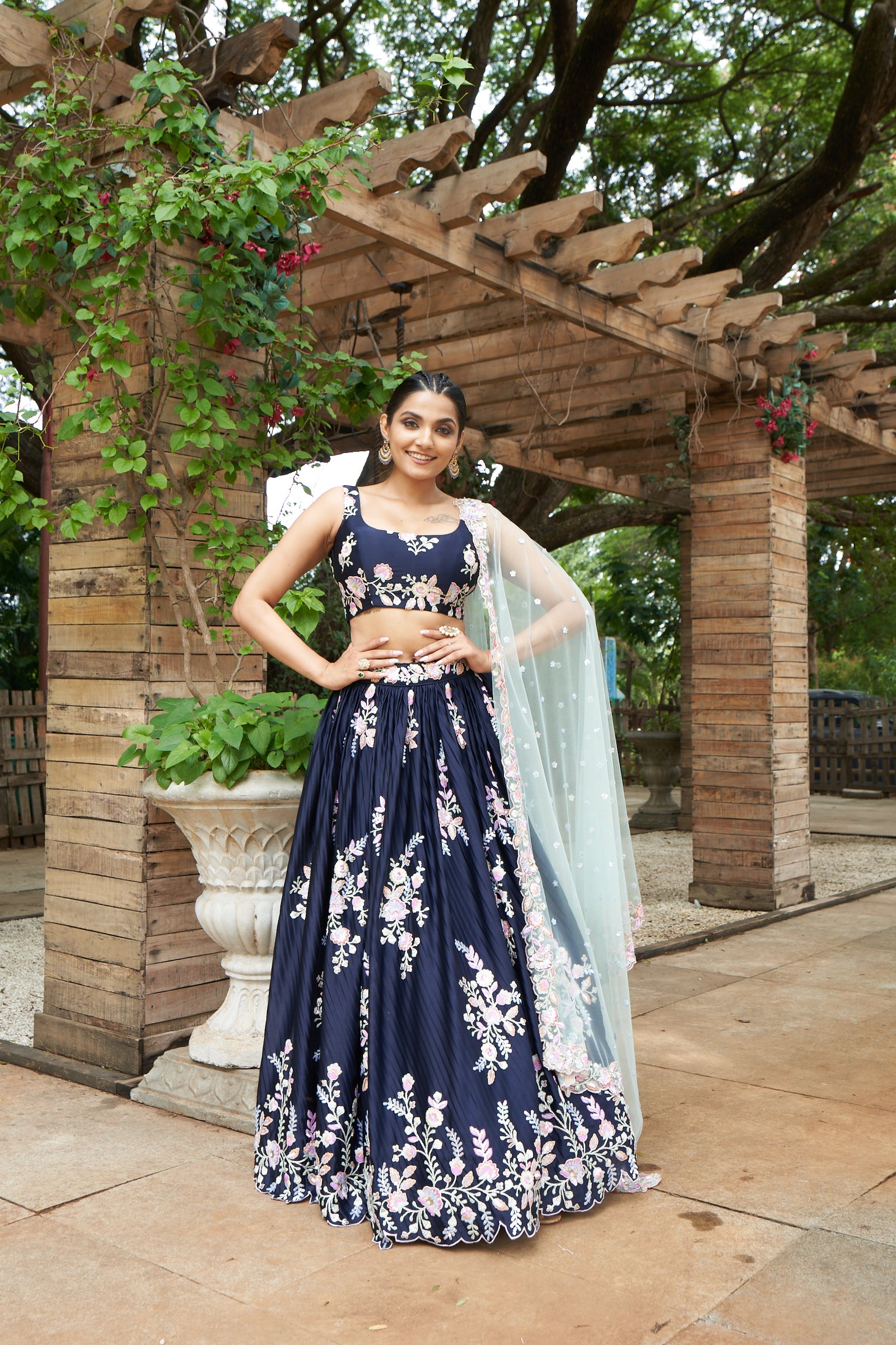 Navy Blue Pure Georgette Thread & Sequinse Work Semi-Stitched Lehenga & Unstitched Blouse, Dupatta Clothsvilla