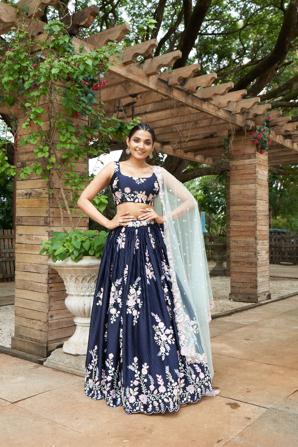 Navy Blue Pure Georgette Thread & Sequinse Work Semi-Stitched Lehenga & Unstitched Blouse, Dupatta Clothsvilla
