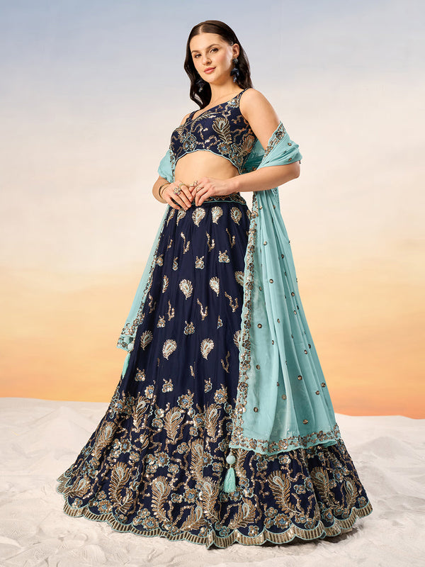 Navy Blue Pure Georgette with heavy Sequins embroidery Semi-Stitched Lehenga choli & Dupatta ClothsVilla.com