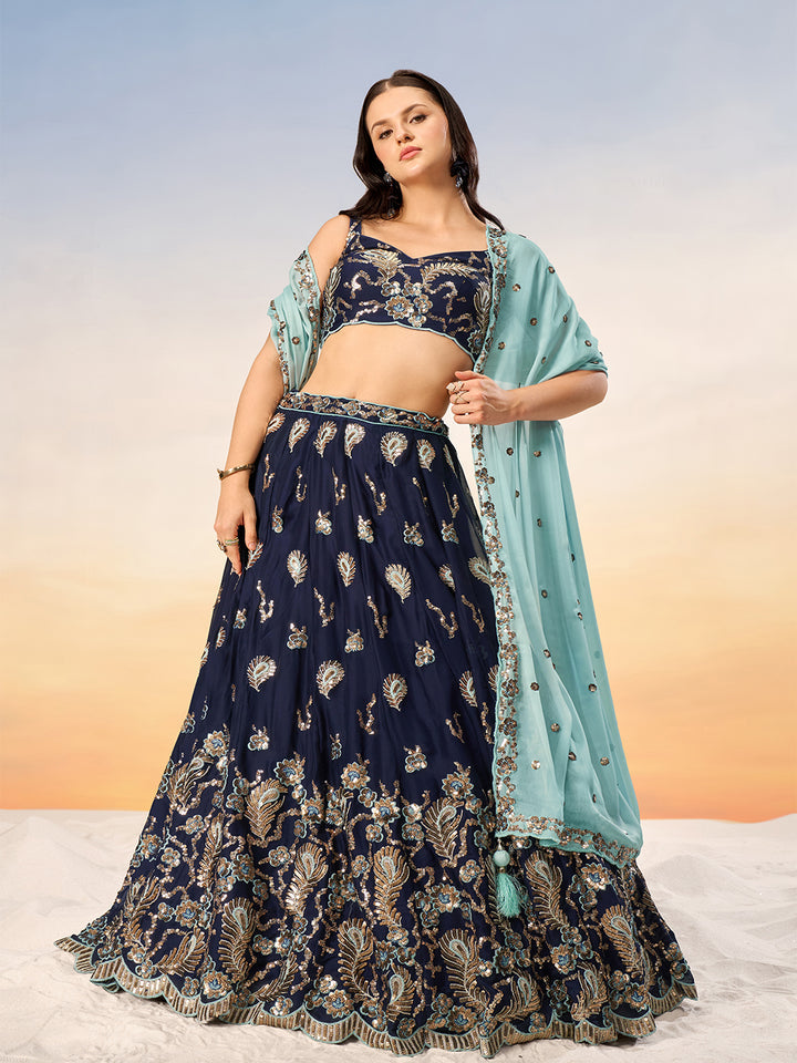 Navy Blue Pure Georgette with heavy Sequins embroidery Semi-Stitched Lehenga choli & Dupatta ClothsVilla.com
