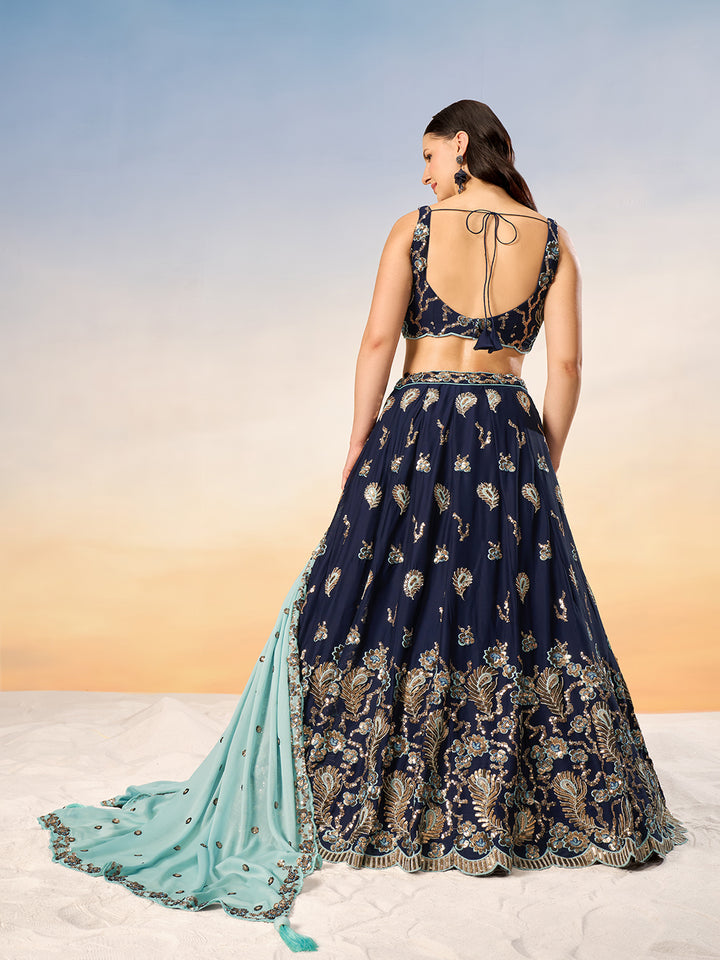 Navy Blue Pure Georgette with heavy Sequins embroidery Semi-Stitched Lehenga choli & Dupatta ClothsVilla.com