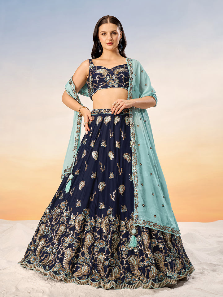 Navy Blue Pure Georgette with heavy Sequins embroidery Semi-Stitched Lehenga choli & Dupatta ClothsVilla.com Main image