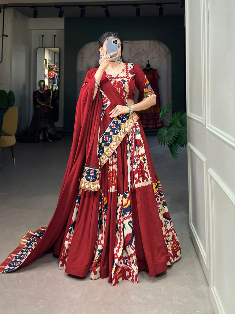 Navy Blue Rayon Printed Silk Lehenga Choli with Gota Patti & Cowrie Detailing ClothsVilla